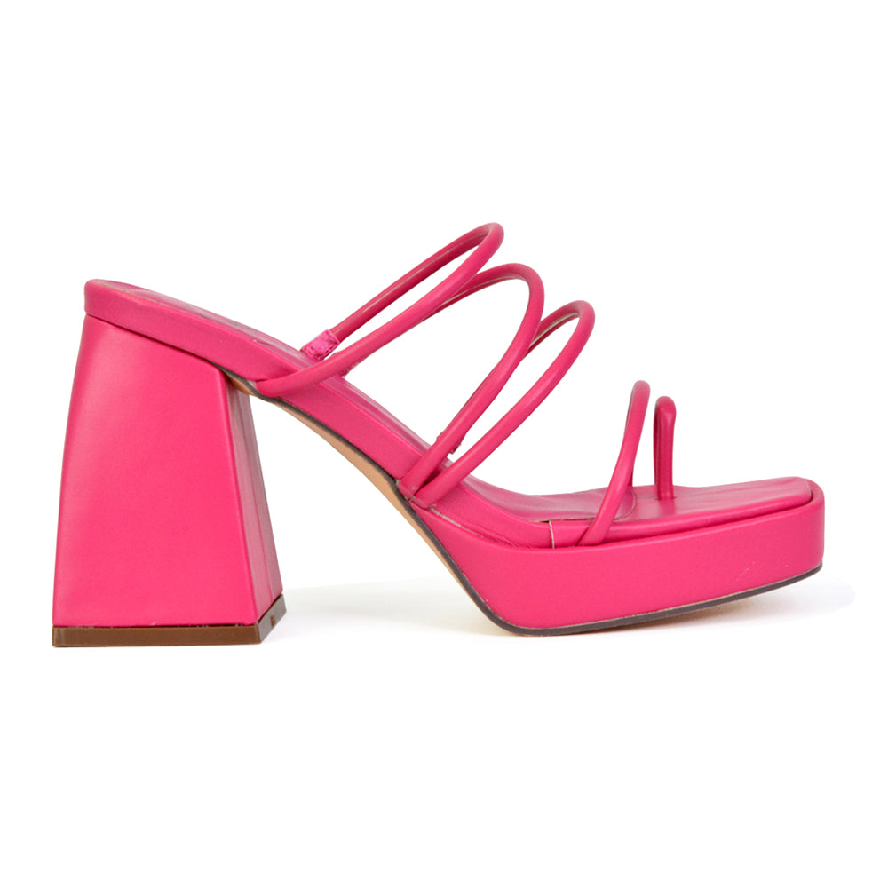 Colt Platform Strappy Square Toe Block High Heeled Mules Sandals in Fuchsia