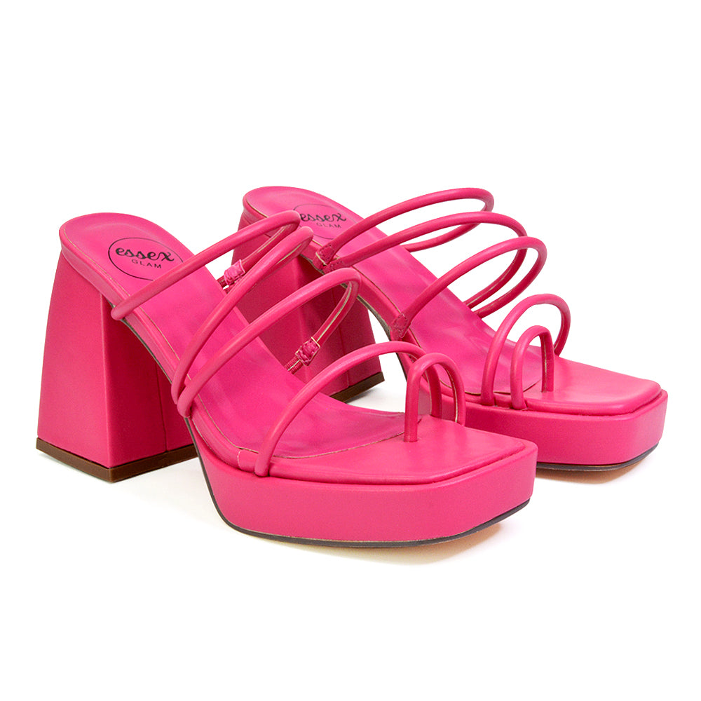 Colt Platform Strappy Square Toe Block High Heeled Mules Sandals in Fuchsia