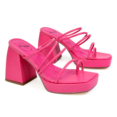 Colt Platform Strappy Square Toe Block High Heeled Mules Sandals in Fuchsia