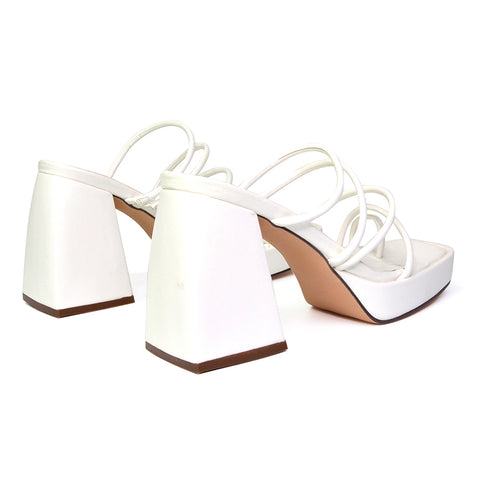 Colt Platform Strappy Square Toe Block High Heeled Mules Sandals in White