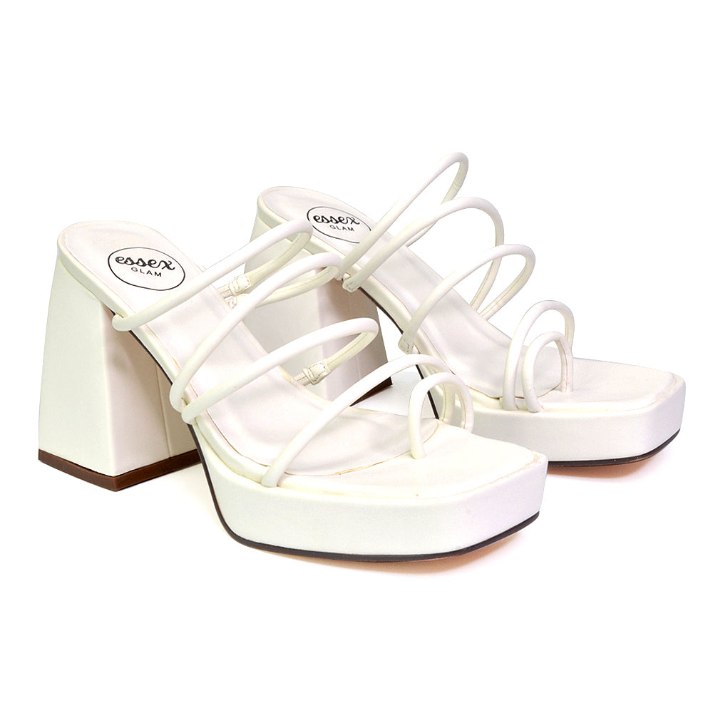 Colt Platform Strappy Square Toe Block High Heeled Mules Sandals in White