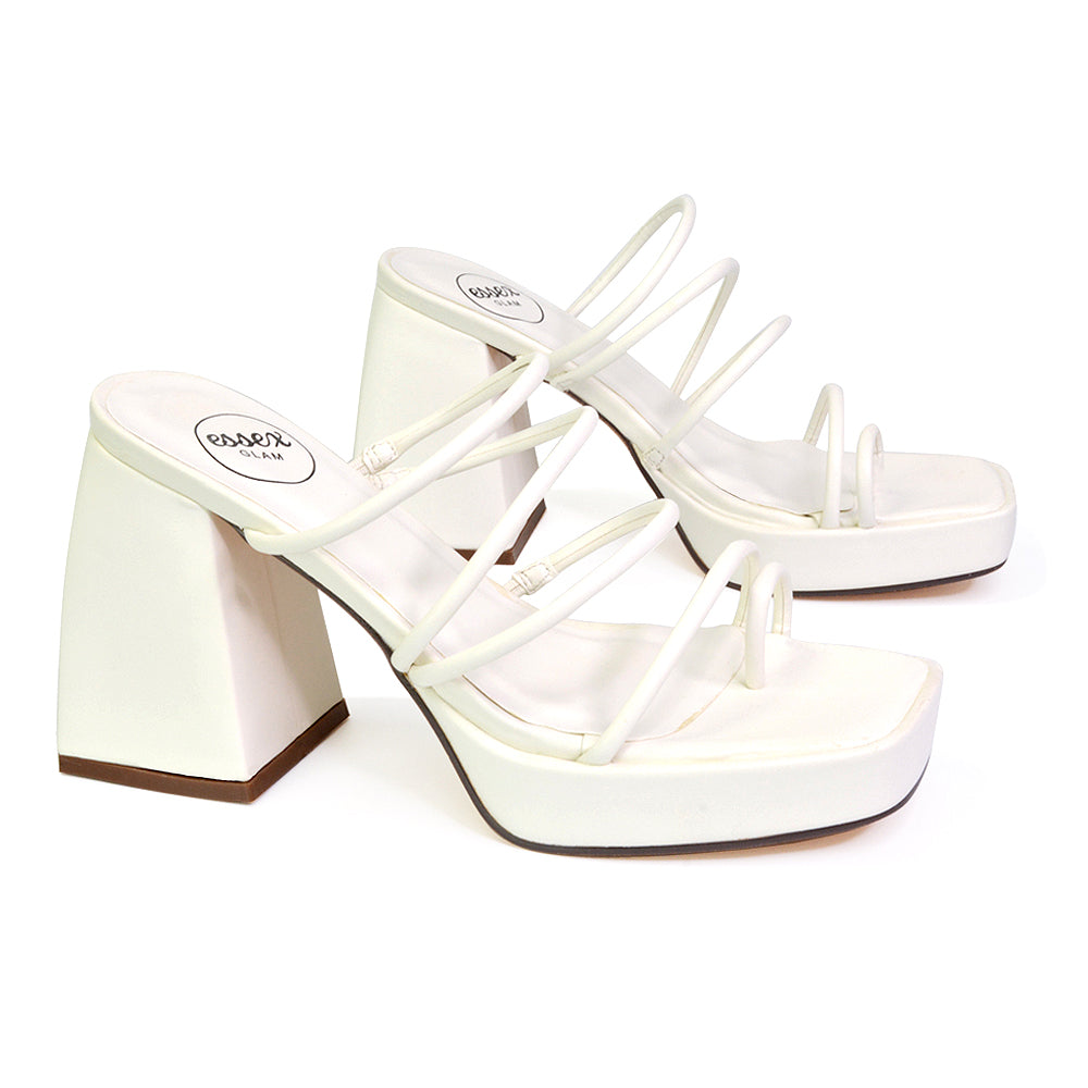 Colt Platform Strappy Square Toe Block High Heeled Mules Sandals in White