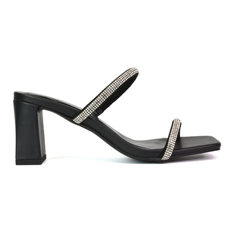 Holden Diamante Strap Square Toe Mid Block Heel Sandal Mules in Black