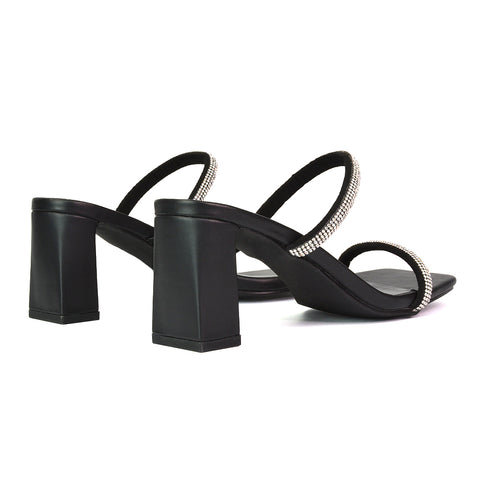 Holden Diamante Strap Square Toe Mid Block Heel Sandal Mules in Black