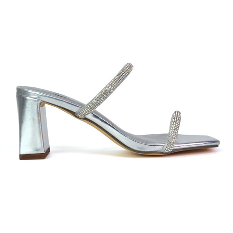 Holden Diamante Strap Square Toe Mid Block Heel Sandal Mules in Silver