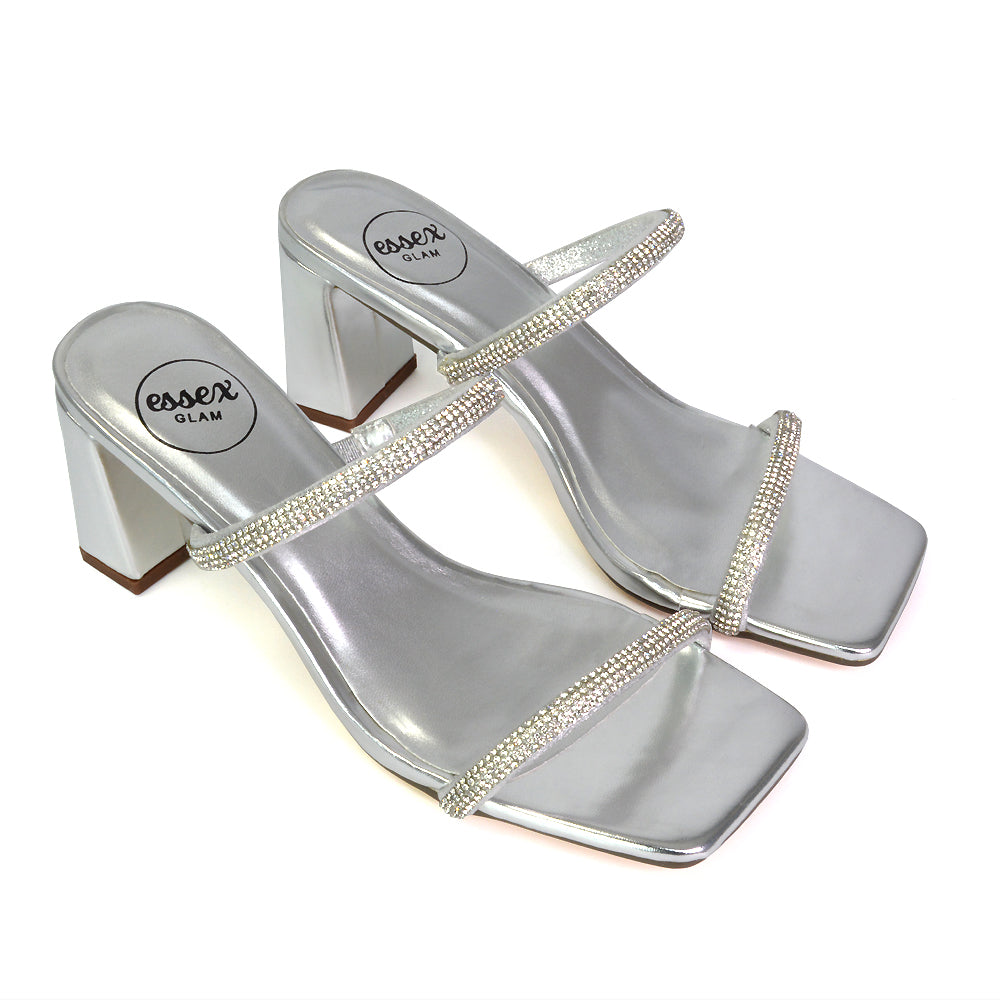 Holden Diamante Strap Square Toe Mid Block Heel Sandal Mules in Gold