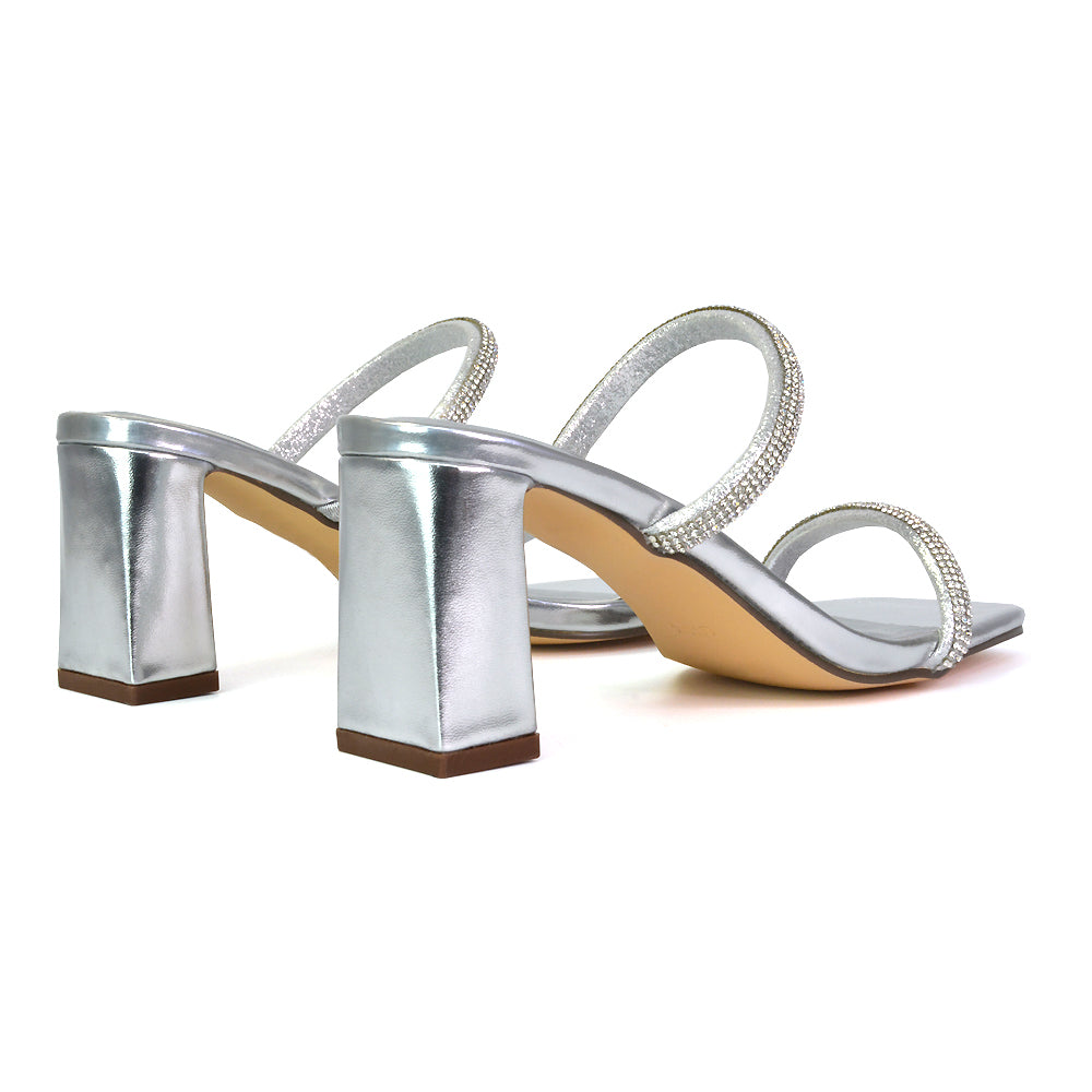 Holden Diamante Strap Square Toe Mid Block Heel Sandal Mules in Silver
