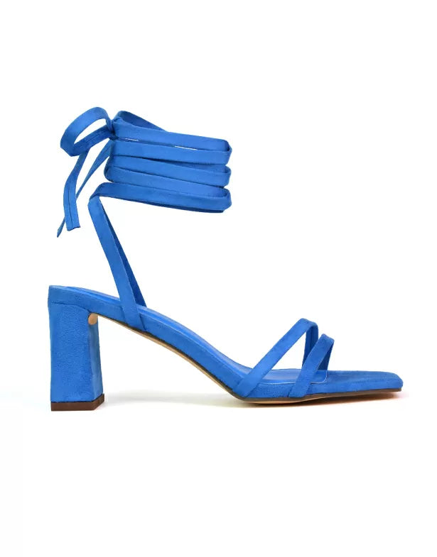 Tanyel Strappy Lace up Faux Suede Mid Block Heel Sandals in Blue