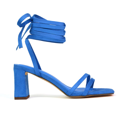 Tanyel Strappy Lace up Faux Suede Mid Block Heel Sandals in Blue