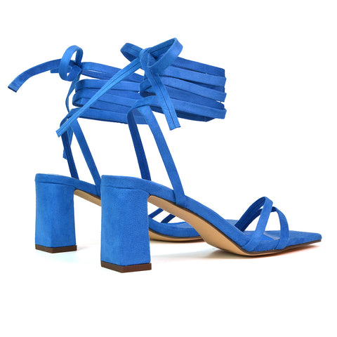Tanyel Strappy Lace up Faux Suede Mid Block Heel Sandals in Blue