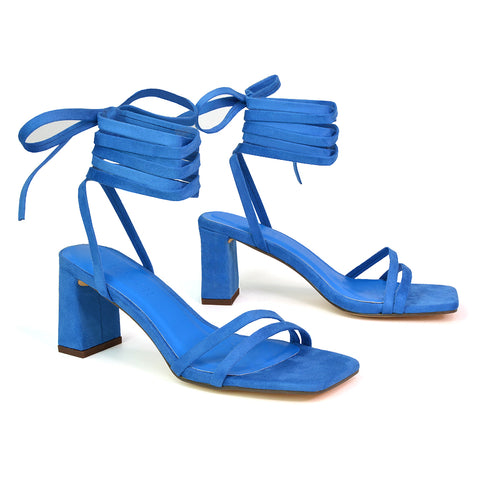 Tanyel Strappy Lace up Faux Suede Mid Block Heel Sandals in Blue