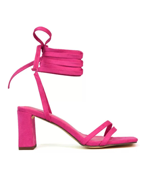 Tanyel Strappy Lace up Faux Suede Mid Block Heel Sandals in Fuchsia