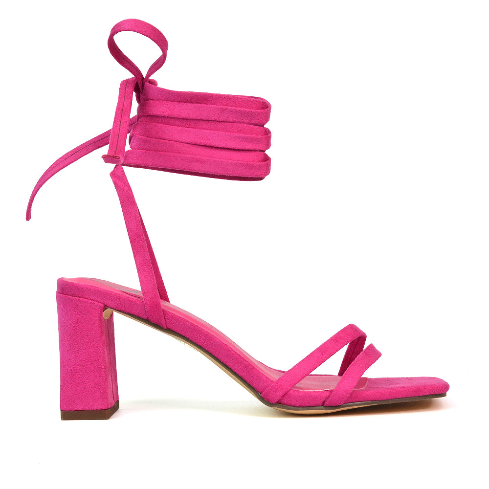 Tanyel Strappy Lace up Faux Suede Mid Block Heel Sandals in Fuchsia