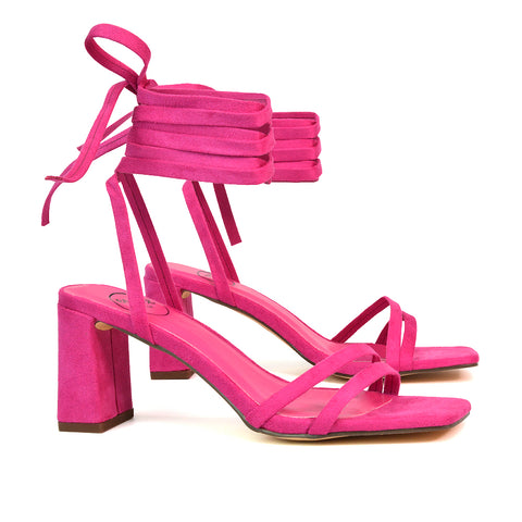 Tanyel Strappy Lace up Faux Suede Mid Block Heel Sandals in Fuchsia