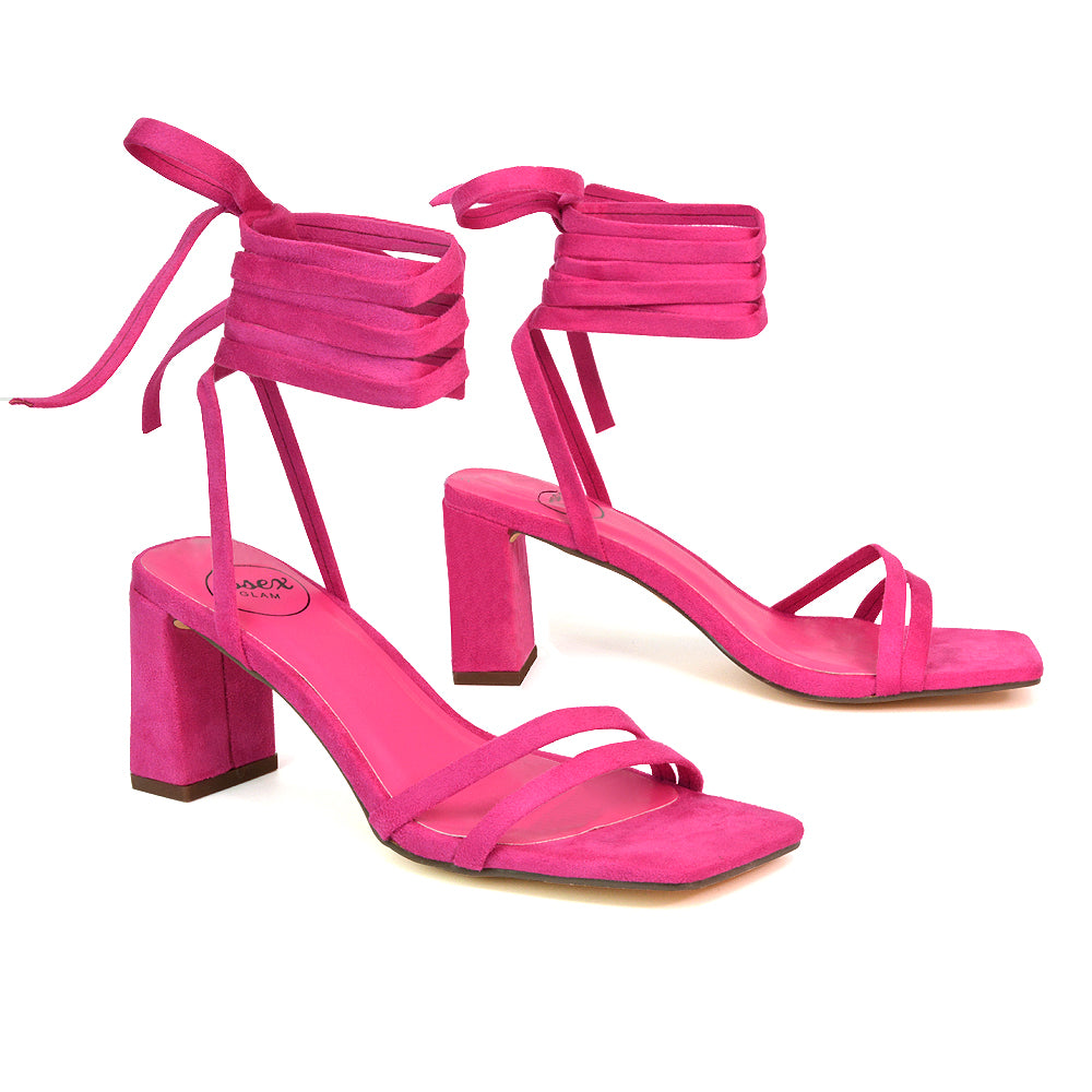 Tanyel Strappy Lace up Faux Suede Mid Block Heel Sandals in Fuchsia