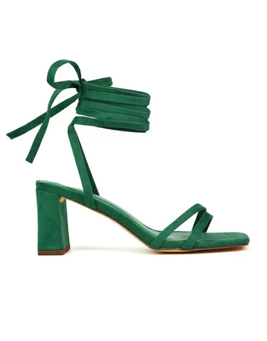 Tanyel Strappy Lace up Faux Suede Mid Block Heel Sandals in Green