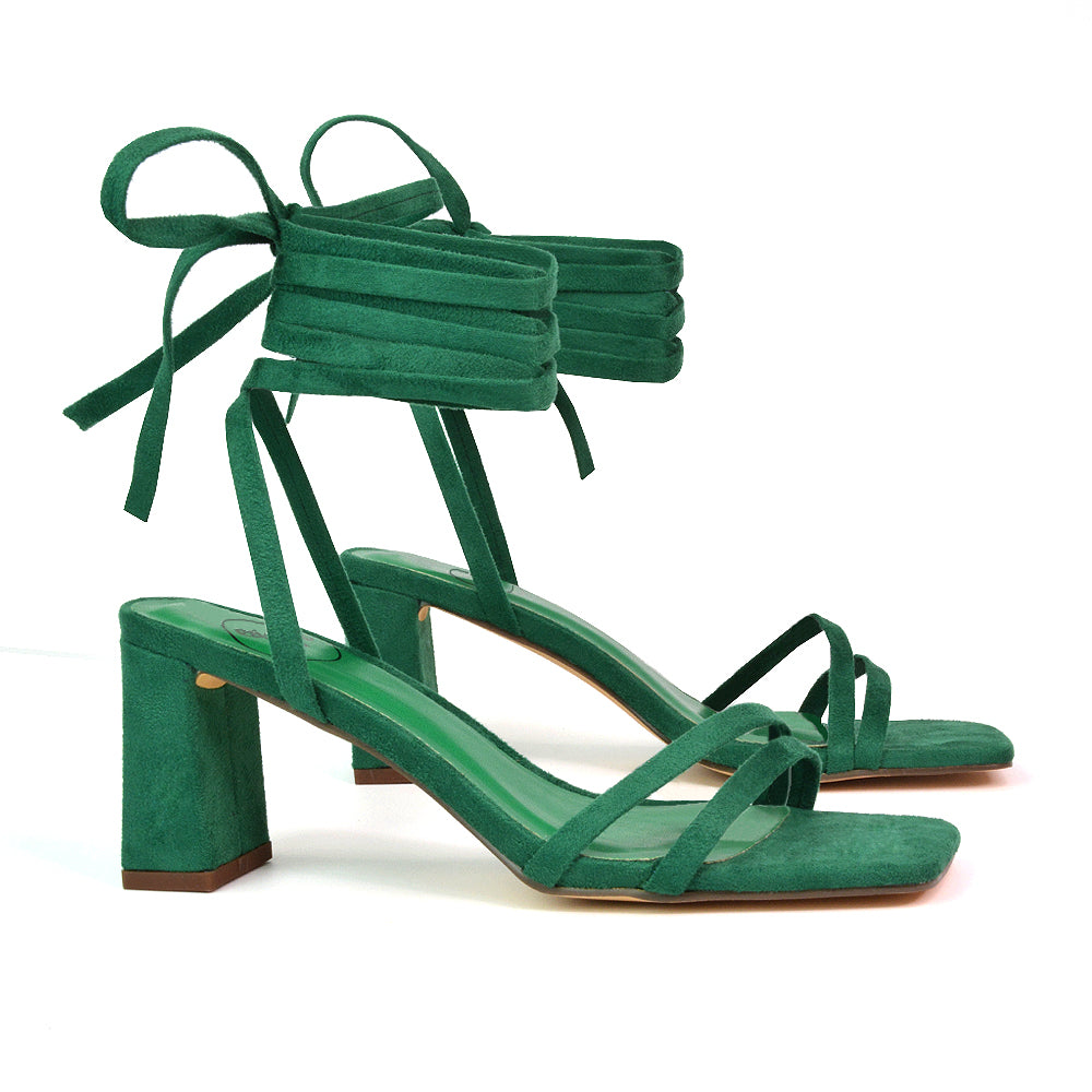 Tanyel Strappy Lace up Faux Suede Mid Block Heel Sandals in Green