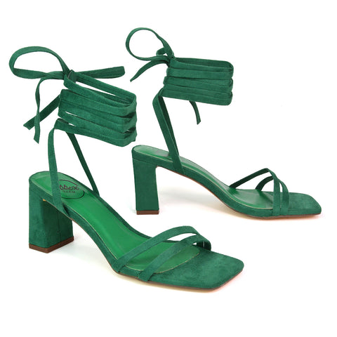 Tanyel Strappy Lace up Faux Suede Mid Block Heel Sandals in Green