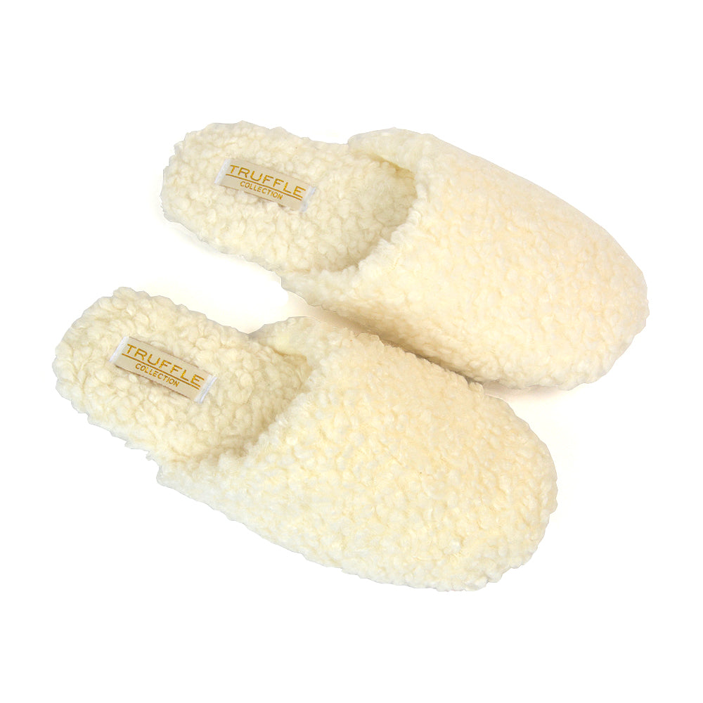 Jody Borg Cosy Slip On Closed Round Toe Mule Flat Slippers in Cream