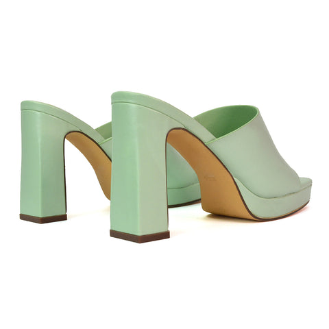 Presley Square Toe Strappy Platform Block High Heel Mule Sandals in River Aqua