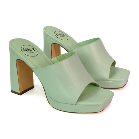 Presley Square Toe Strappy Platform Block High Heel Mule Sandals in River Aqua