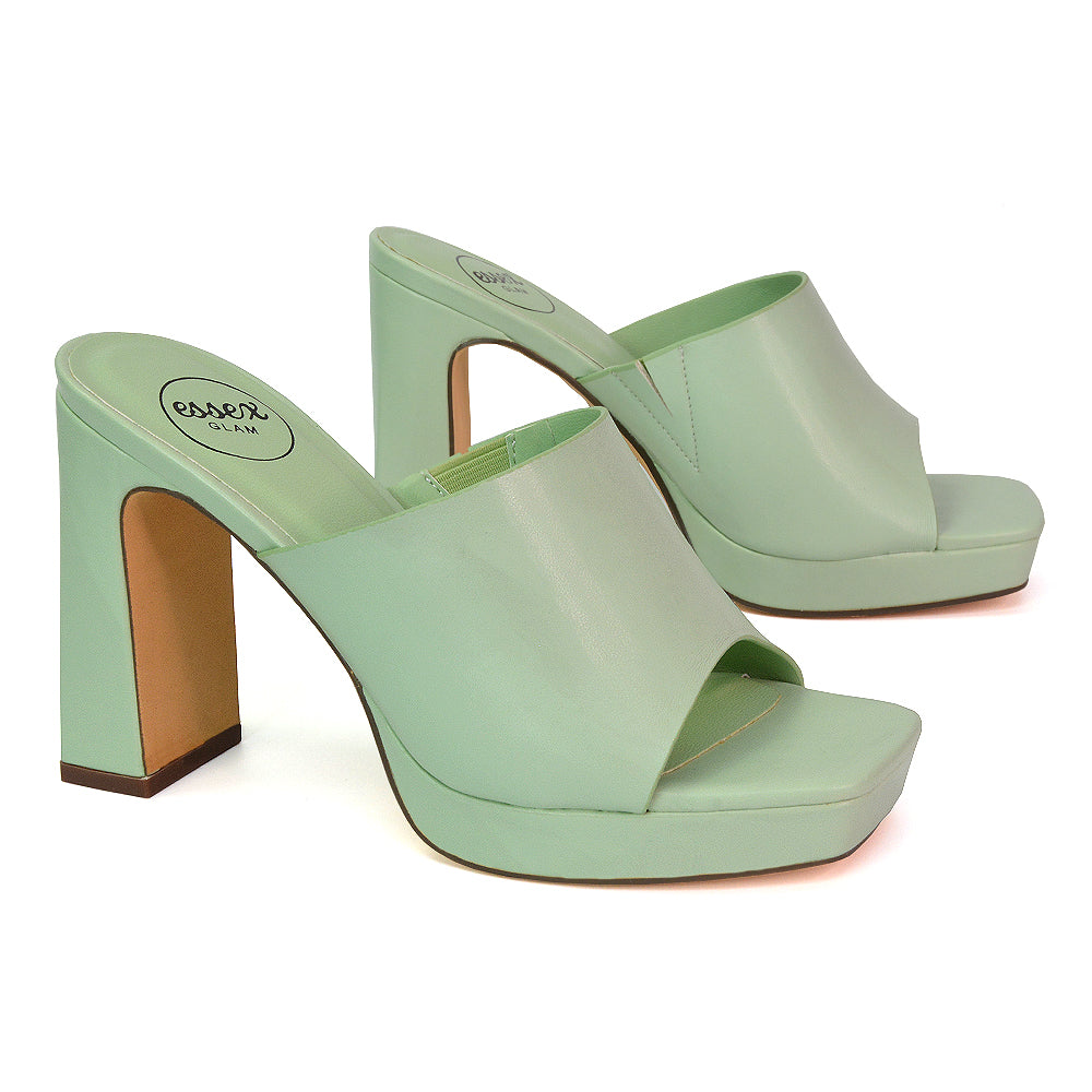 Presley Square Toe Strappy Platform Block High Heel Mule Sandals in River Aqua