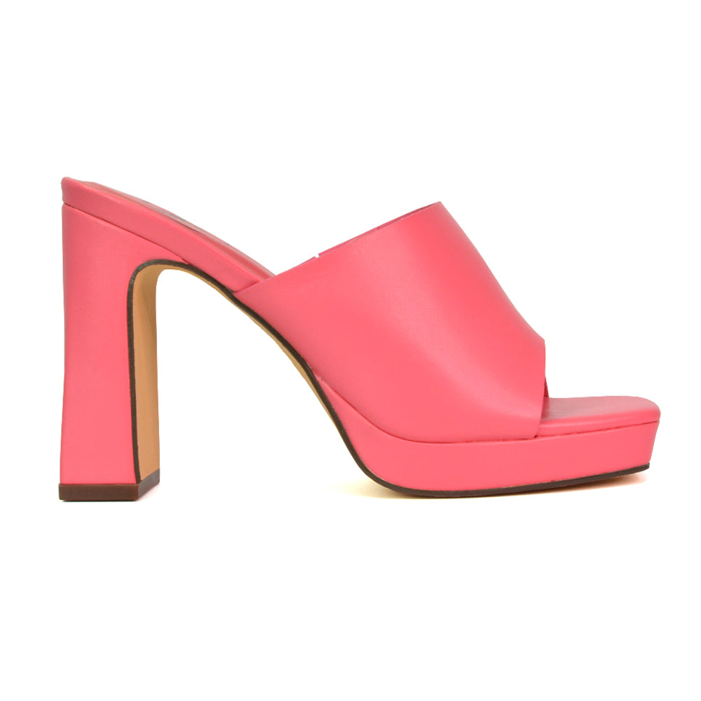 Presley Square Toe Strappy Platform Block High Heel Mule Sandals in Shell PInk