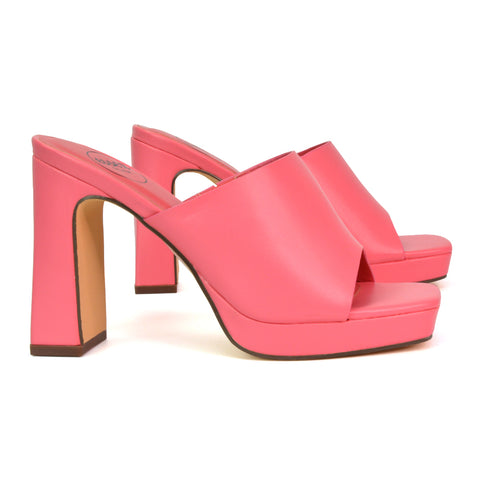 Presley Square Toe Strappy Platform Block High Heel Mule Sandals in Shell PInk