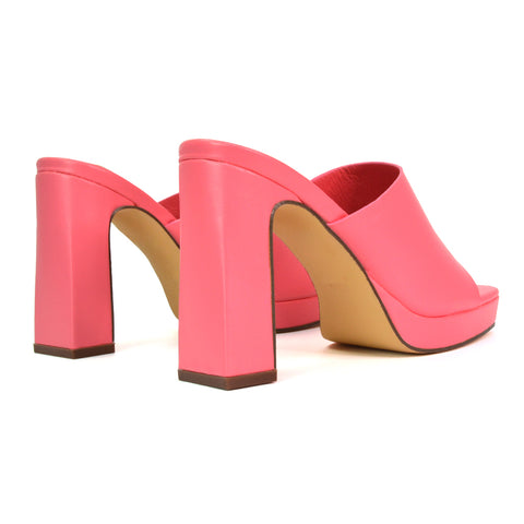 Presley Square Toe Strappy Platform Block High Heel Mule Sandals in Shell PInk