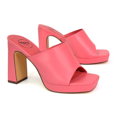 Presley Square Toe Strappy Platform Block High Heel Mule Sandals in Shell PInk