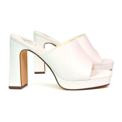 Presley Square Toe Strappy Platform Block High Heel Mule Sandals in White