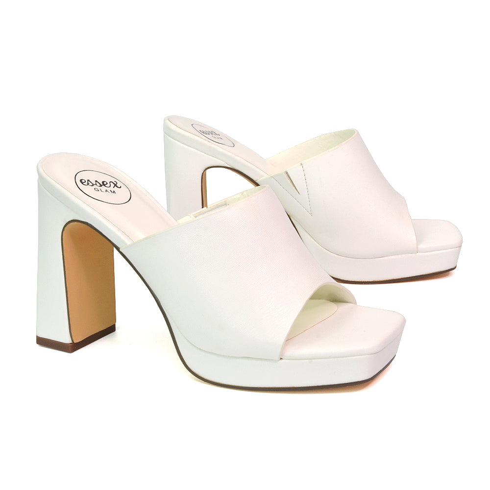 Presley Square Toe Strappy Platform Block High Heel Mule Sandals in White