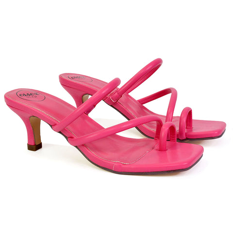 Prancy Toe Post Ring Strappy Square Toe Slip on Kitten Heel Mule Sandals in Fuchsia