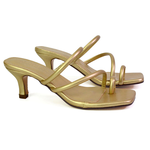 Prancy Toe Post Ring Strappy Square Toe Slip on Kitten Heel Mule Sandals in Gold
