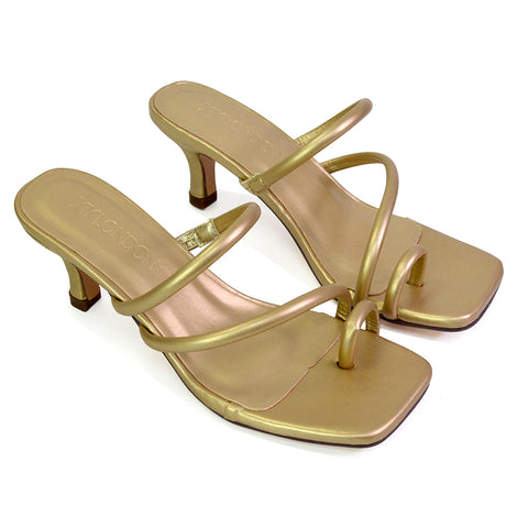 Prancy Toe Post Ring Strappy Square Toe Slip on Kitten Heel Mule Sandals in Gold