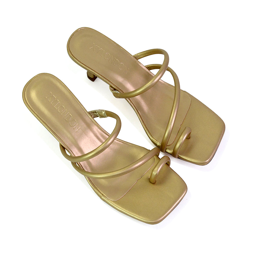 Prancy Toe Post Ring Strappy Square Toe Slip on Kitten Heel Mule Sandals in Gold