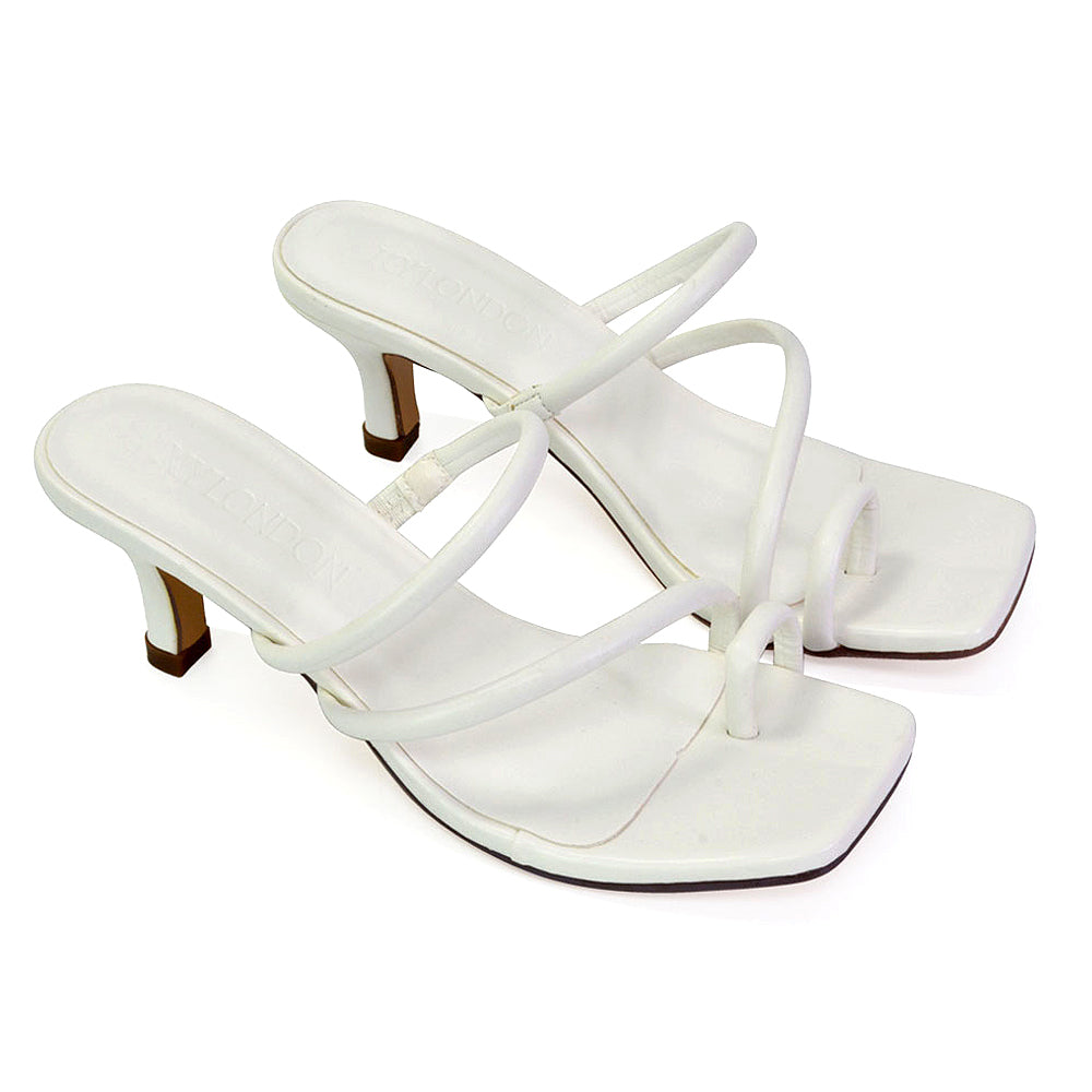 Prancy Toe Post Ring Strappy Square Toe Slip on Kitten Heel Mule Sandals in White