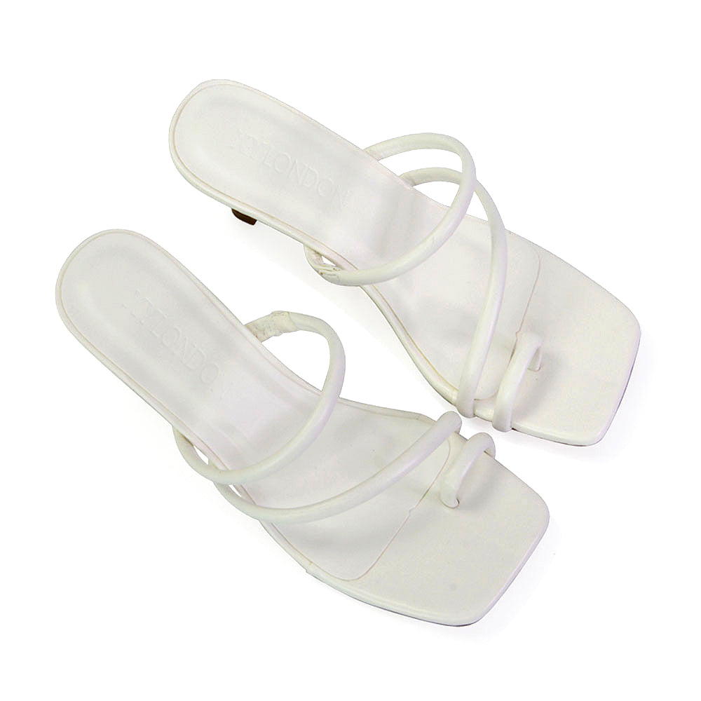 Prancy Toe Post Ring Strappy Square Toe Slip on Kitten Heel Mule Sandals in White