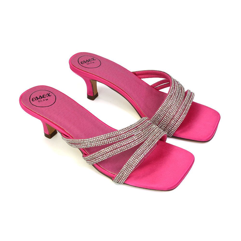 Jennie Square Toe Diamante Sparkly Gem Crystal Sandal Heeled Mules in Fuchsia