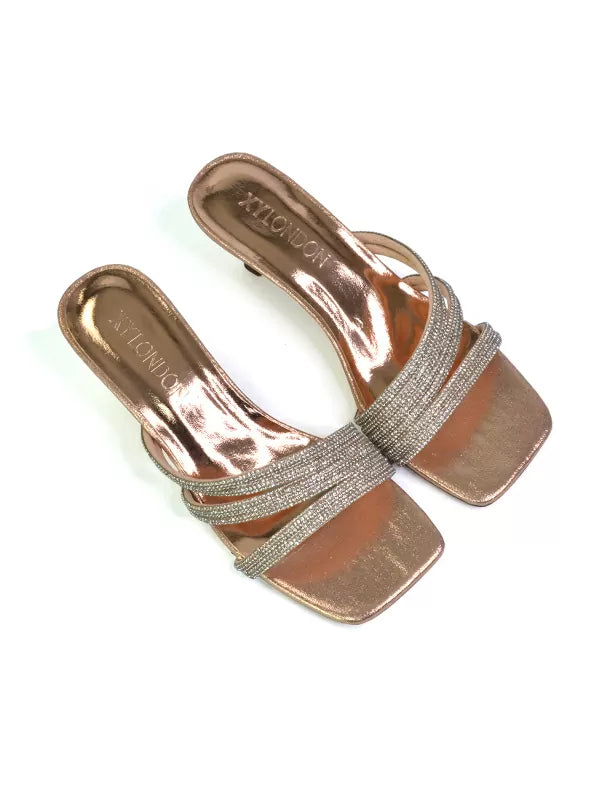 JENNIE SQUARE TOE DIAMANTE SPARKLY GEM CRYSTAL SANDAL HEELED MULES IN ROSE GOLD