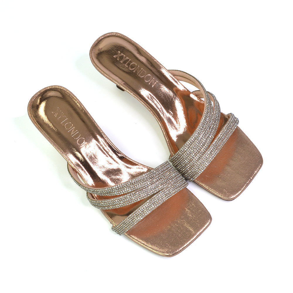 Jennie Square Toe Diamante Sparkly Gem Crystal Sandal Heeled Mules in Rose Gold