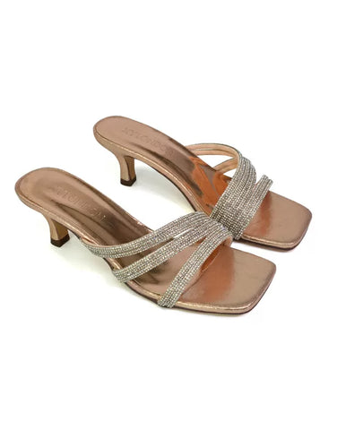 JENNIE SQUARE TOE DIAMANTE SPARKLY GEM CRYSTAL SANDAL HEELED MULES IN ROSE GOLD