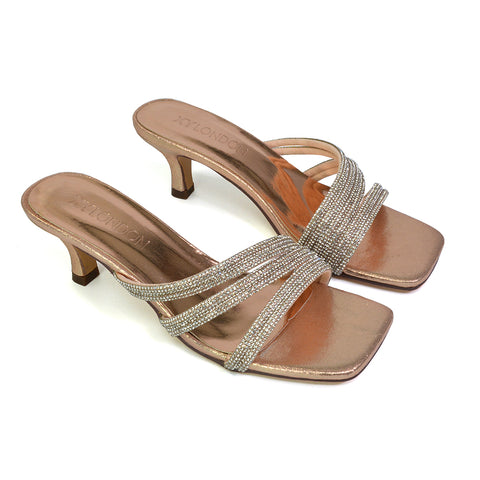 Jennie Square Toe Diamante Sparkly Gem Crystal Sandal Heeled Mules in Rose Gold