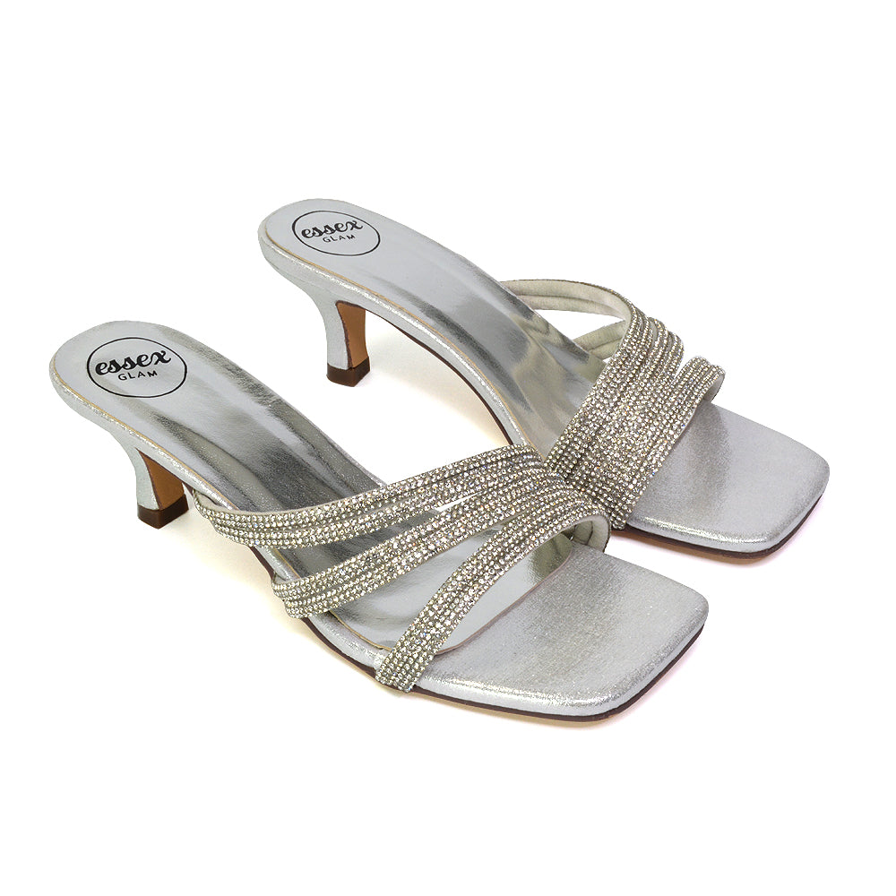 Jennie Square Toe Diamante Sparkly Gem Crystal Sandal Heeled Mules in Silver