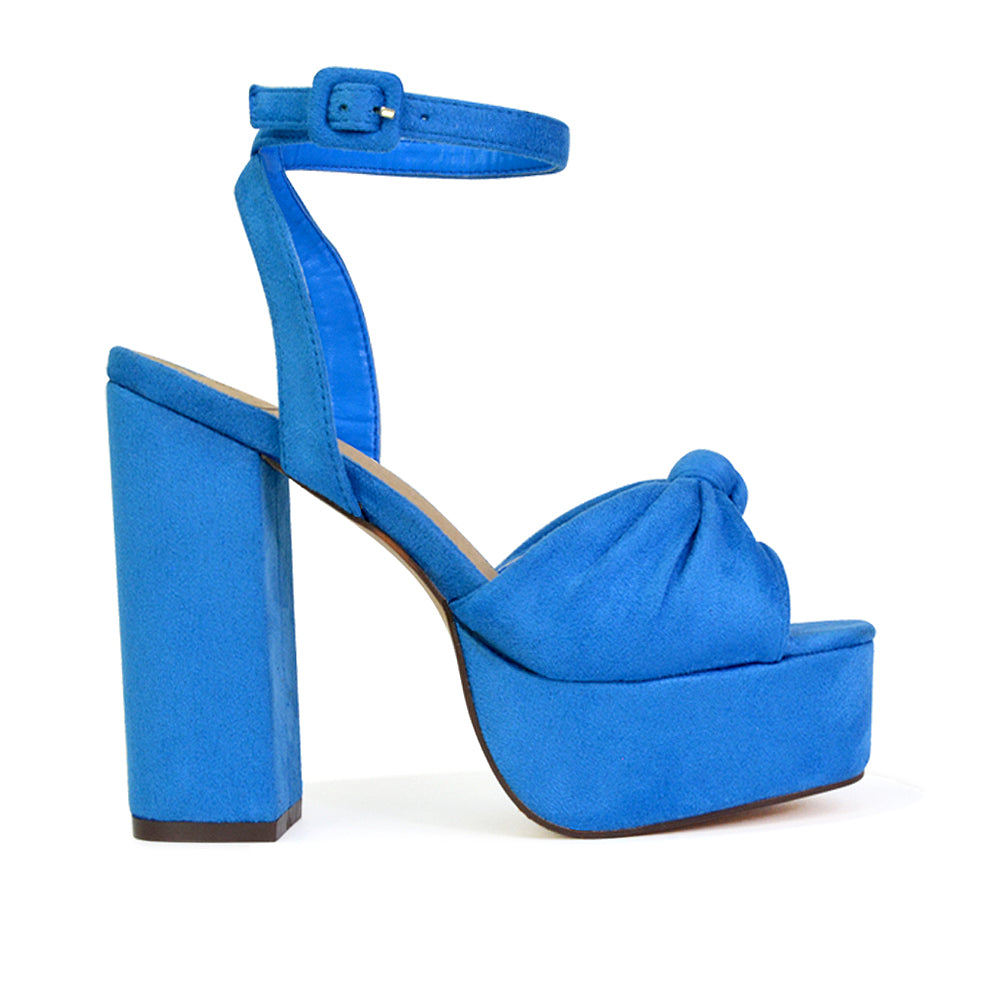 Lillian Peep Toe Strappy Chunky Block High Heel Platform Shoes in Blue Faux Suede