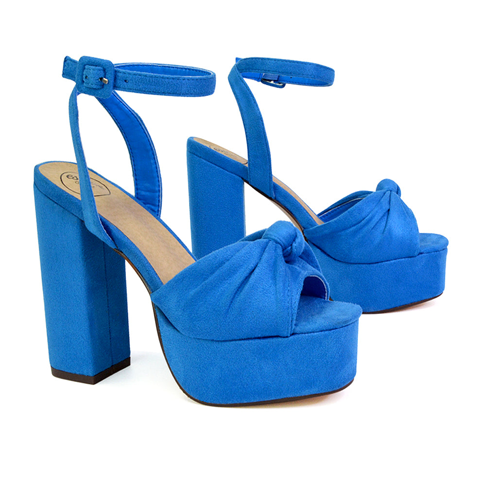 Lillian Peep Toe Strappy Chunky Block High Heel Platform Shoes in Blue Faux Suede