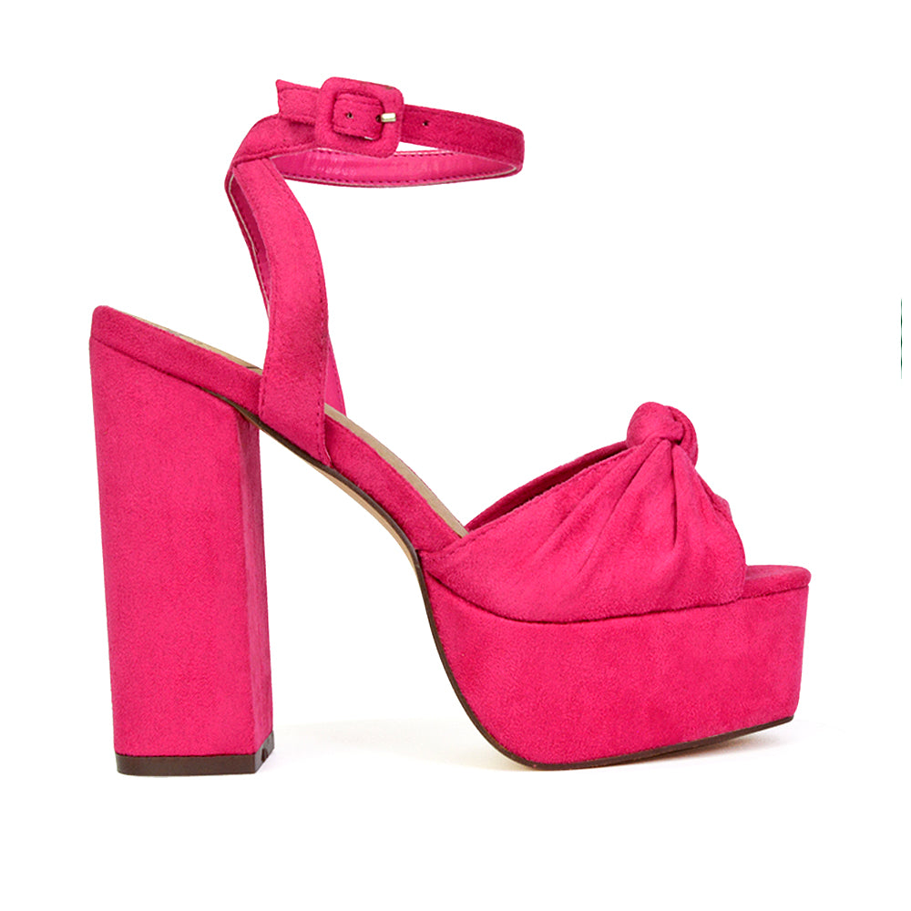 Lillian Peep Toe Strappy Chunky Block High Heel Platform Shoes in Fuchsia Faux Suede