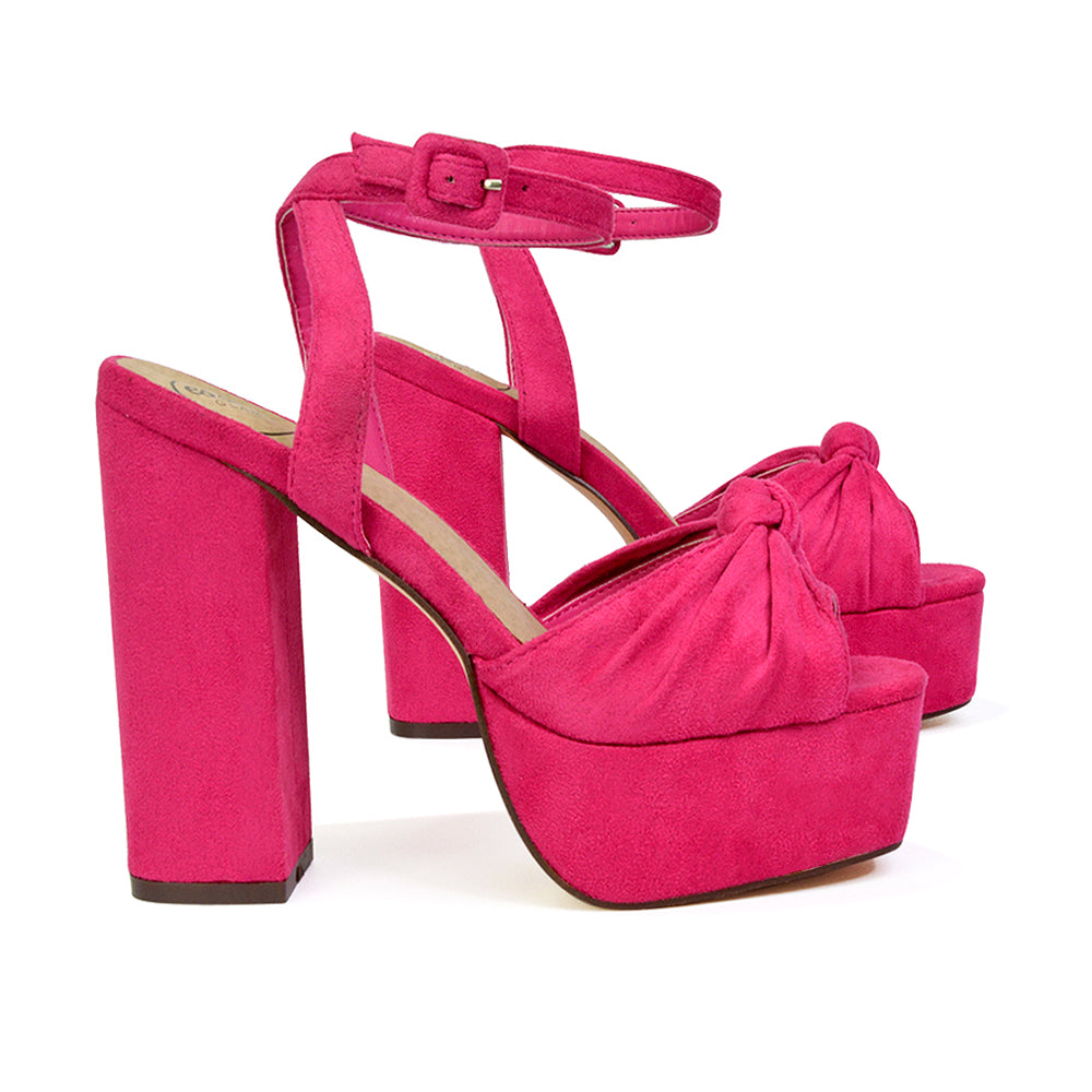 Lillian Peep Toe Strappy Chunky Block High Heel Platform Shoes in Fuchsia Faux Suede