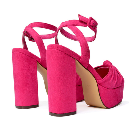 Lillian Peep Toe Strappy Chunky Block High Heel Platform Shoes in Fuchsia Faux Suede