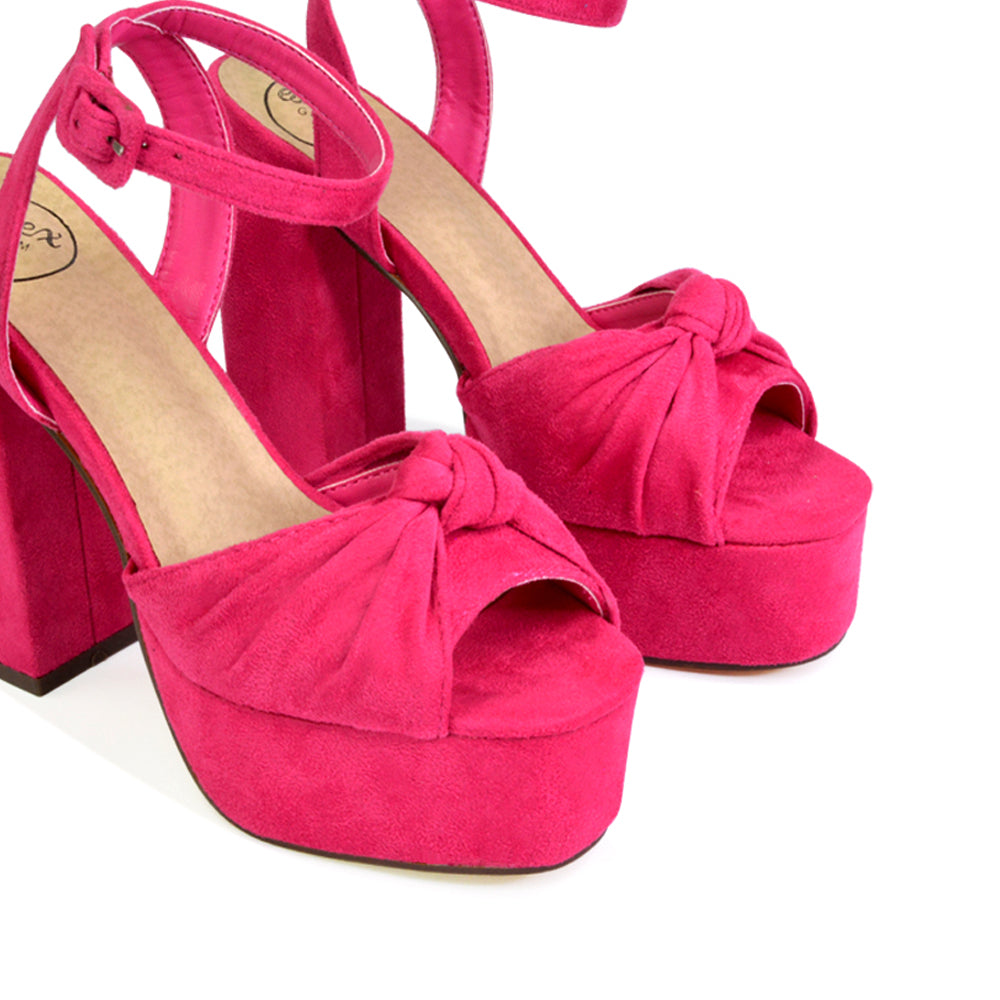 Lillian Peep Toe Strappy Chunky Block High Heel Platform Shoes in Fuchsia Faux Suede